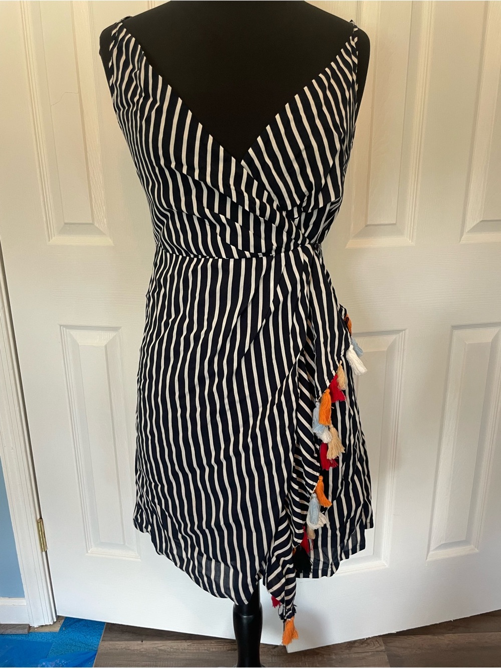 THML Striped Navy and White Wrap Dress with Tassel Detail XS